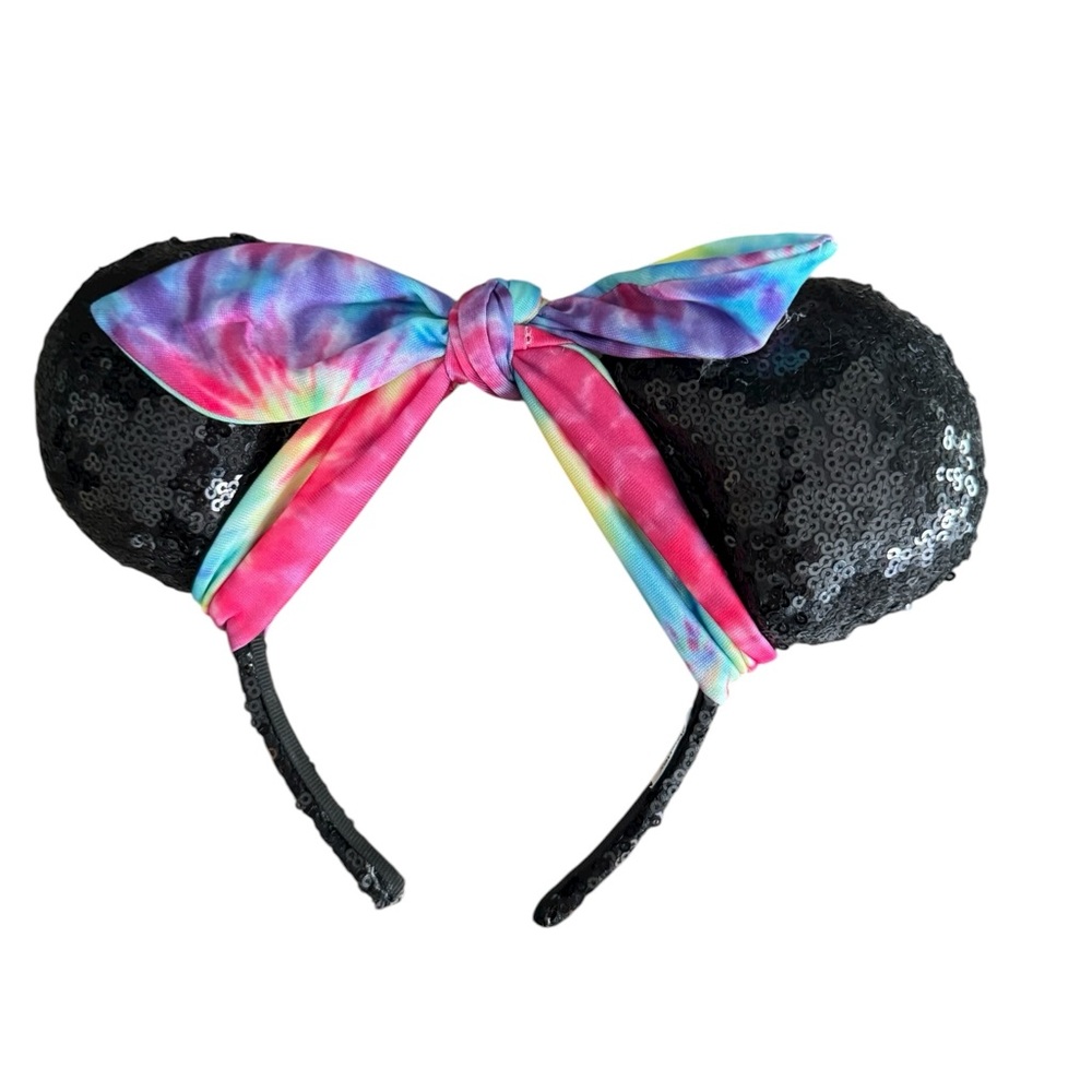 Black Sequin Mouse Ears Headband Tie-Dye Bow | Disney Inspired
